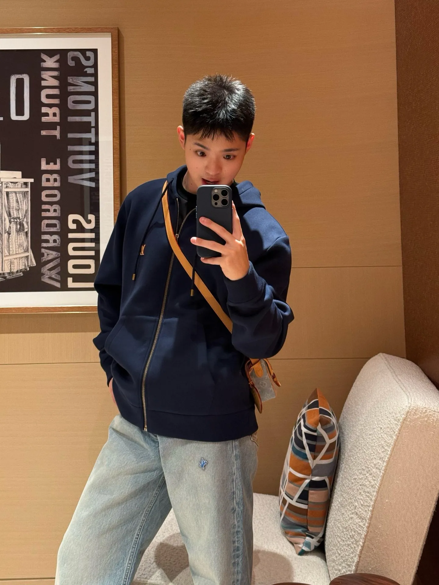 Louis Vuitton/Louis Vuitton leather logo zipper hooded sweatshirt